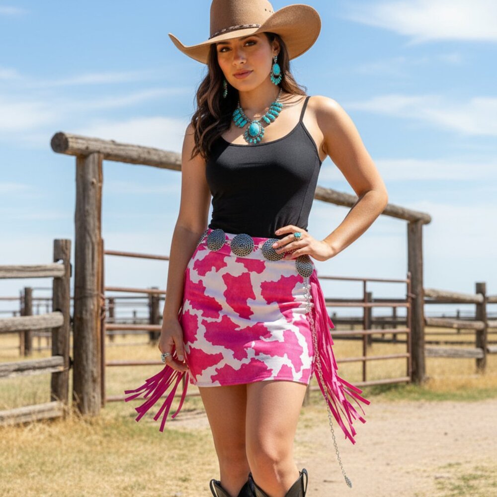 Pink cow print fringe skirt